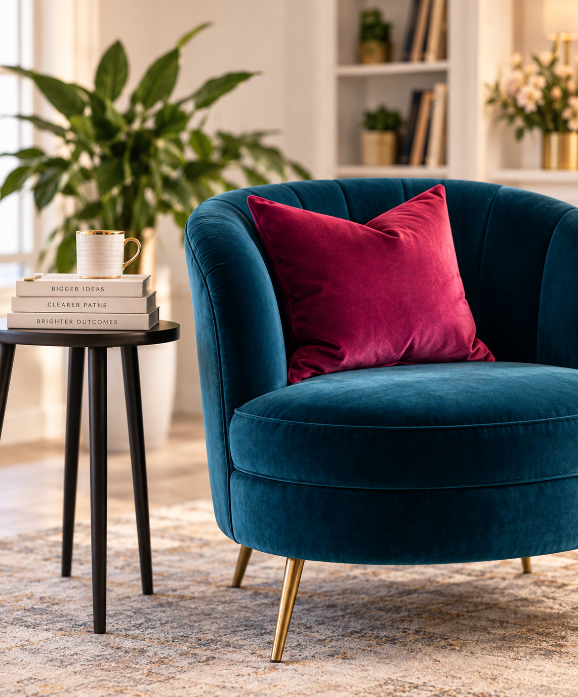 blue club chair with pink velvet pillow next to a table with a plant and stack of books