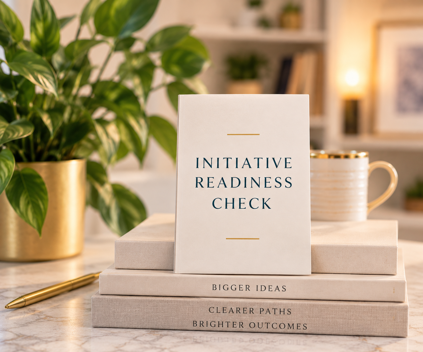Stack of books with a sign saying Initiative Readiness Check on top